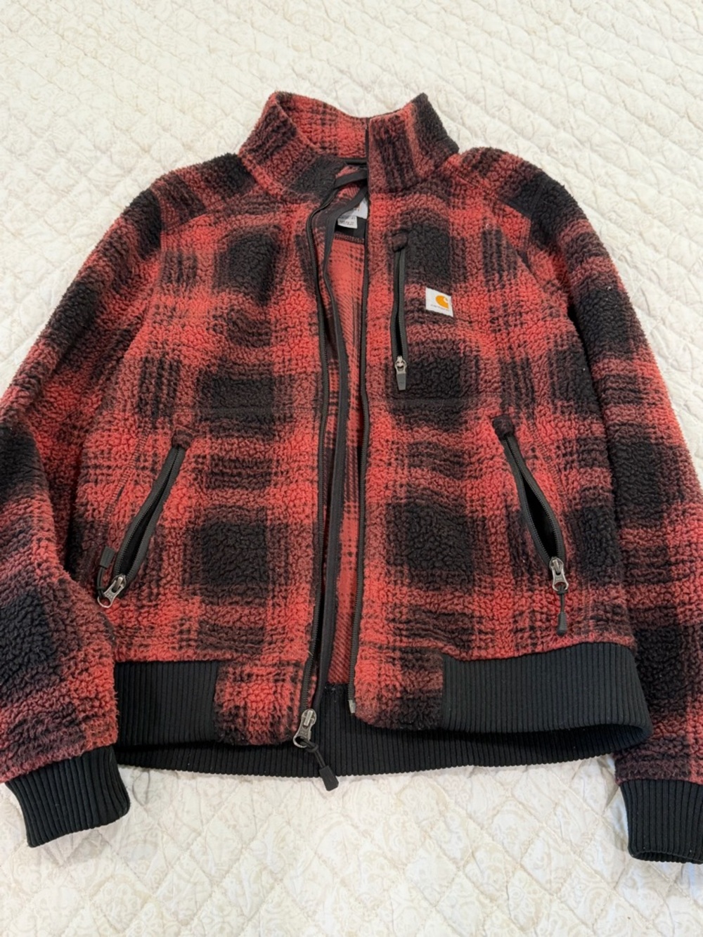 Carhartt Red & Black Plaid Sherpa Zip-Up Jacket
